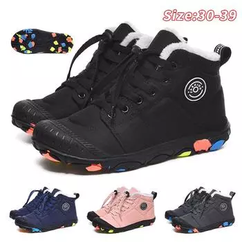 Детские теплые зимние сапоги. Детская зимняя хлопчатобумажная обувь. Нескользящие теплые плюшевые сапоги на открытом воздухе. Теплая меховая обувь с высоким берцем. Водонепроницаемые теплые кроссовки. 30 чёрный