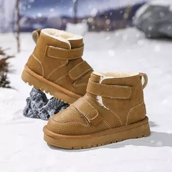 Детские теплые зимние сапоги. Детская зимняя хлопчатобумажная обувь. Нескользящие теплые плюшевые сапоги на открытом воздухе. Теплая меховая обувь с высоким берцем. Водонепроницаемые теплые кроссовки. 28 жёлтый