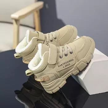 Детские теплые зимние сапоги. Детская зимняя хлопчатобумажная обувь. Нескользящие теплые плюшевые сапоги на открытом воздухе. Теплая меховая обувь с высоким берцем. Водонепроницаемые теплые кроссовки. 26 хаки