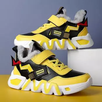 Детские теплые зимние сапоги. Детская зимняя хлопчатобумажная обувь. Нескользящие теплые плюшевые сапоги на открытом воздухе. Теплая меховая обувь с высоким берцем. Водонепроницаемые теплые кроссовки. 28 чёрный