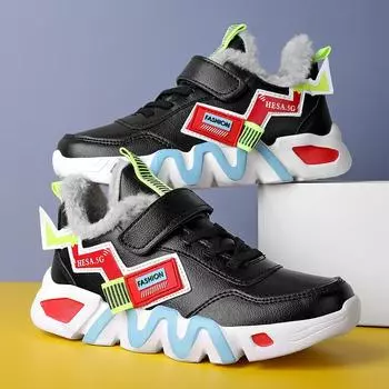 Детские теплые зимние сапоги. Детская зимняя хлопчатобумажная обувь. Нескользящие теплые плюшевые сапоги на открытом воздухе. Теплая меховая обувь с высоким берцем. Водонепроницаемые теплые кроссовки. 28 чёрный