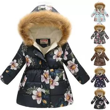 Детские толстовки с цветочным принтом для девочек, зимние теплые пальто, толстая стеганая куртка, парка с меховым капюшоном 10-11Years синий