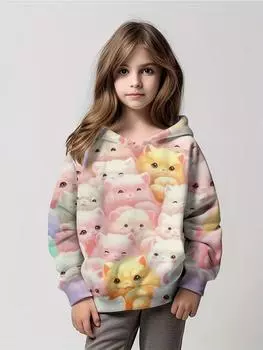 Детские толстовки с капюшоном для девочек-подростков с рисунком мультяшных кошек, удобная универсальная толстовка с капюшоном, верхняя часть, осенне-зимняя одежда для детей 100