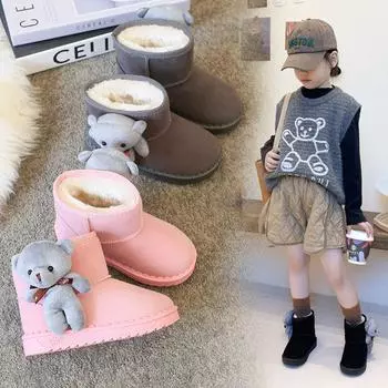 Детские толстые зимние сапоги с кашемиром, новая зимняя хлопковая обувь для девочек с милым мультяшным медведем, хлопковая обувь для мальчиков серый