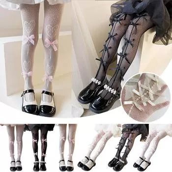 Детские тонкие леггинсы весна-лето с ажурным бантом универсальная верхняя одежда сетчатые колготки M тёмно-синий