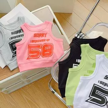 Детские топы без рукавов с буквенным принтом, однотонная летняя футболка 90