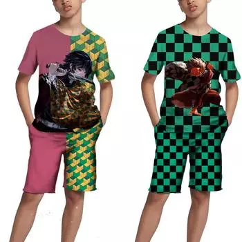 Детские топы/брюки/костюм с 3D принтом японского аниме «Убийца демонов» для девочек Kimetsu No Yaiba Tomioka Giyuu, комплект футболок и шорт с мультяшным рисунком 100
