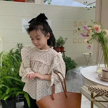 Детские топы для девочек, рубашка принцессы с длинными рукавами и воротником-стойкой в горошек 110