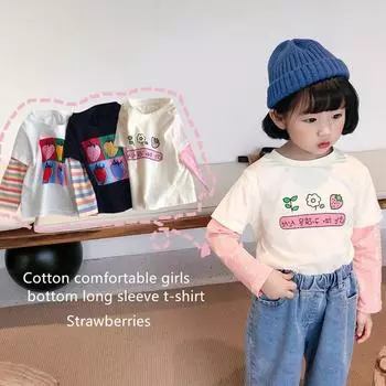 Детские топы из двух частей с длинными рукавами для девочек, рубашка в полоску с героями мультфильмов 90