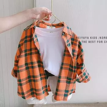 Детские топы с длинными рукавами, весенняя Повседневная клетчатая блузка из 100% хлопка, летняя полосатая рубашка, корейские рубашки для мальчиков, школьные блузки для девочек 110 оранжевый