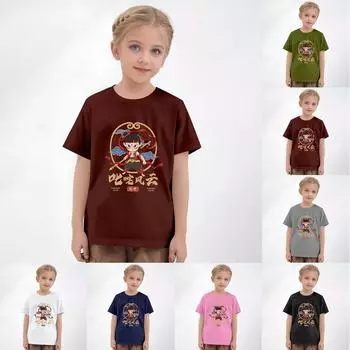 Детские топы с коротким рукавом, повседневная футболка с принтом, круглый вырез, блузка-пуловер 140 чёрный