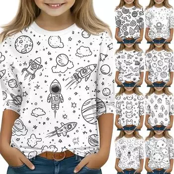 Детские топы с рукавами 3/4, футболка с принтом, круглый вырез, пуловер, блузка, детские раскрашенные вручную цветные топы 110 бежевый