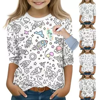Детские топы с рукавами 3/4, футболка с принтом, круглый вырез, пуловер, блузка, детские раскрашенные вручную цветные топы 110 белый