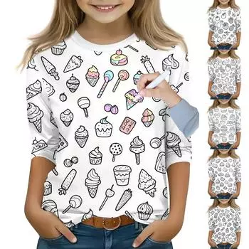 Детские топы с рукавами 3/4, футболка с принтом, круглый вырез, пуловер, блузка, детские раскрашенные вручную цветные топы 150 чёрный