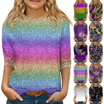 Детские топы с рукавами 3/4, повседневная футболка с карнавальным принтом, круглый вырез, блузка-пуловер 120 чёрный