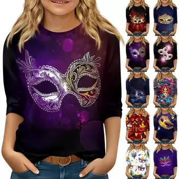 Детские топы с рукавами 3/4, повседневная футболка с карнавальным принтом, круглый вырез, блузка-пуловер 120 тёмно-синий