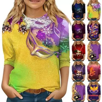 Детские топы с рукавами 3/4, повседневная футболка с карнавальным принтом, круглый вырез, блузка-пуловер 110 синий