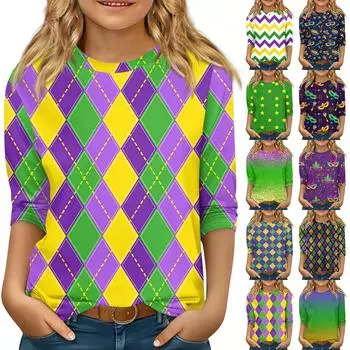 Детские топы с рукавами 3/4, повседневная футболка с карнавальным принтом, круглый вырез, блузка-пуловер 110 армия зеленый