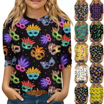 Детские топы с рукавами 3/4, повседневная футболка с карнавальным принтом, круглый вырез, блузка-пуловер 110 темно-зеленого