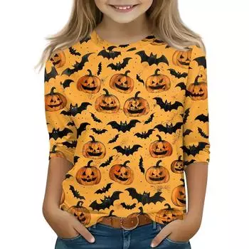 Детские топы с рукавом 3/4, повседневная футболка с принтом на Хэллоуин, пуловер-блузка с круглым вырезом 150