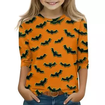 Детские топы с рукавом 3/4, повседневная футболка с принтом на Хэллоуин, пуловер-блузка с круглым вырезом 150