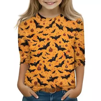 Детские топы с рукавом 3/4, повседневная футболка с принтом на Хэллоуин, пуловер-блузка с круглым вырезом 110