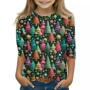 Детские топы с рукавом 3/4, повседневная футболка с рождественским принтом, пуловер с круглым вырезом 110