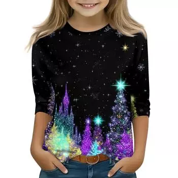 Детские топы с рукавом 3/4, повседневная футболка с рождественским принтом, пуловер с круглым вырезом 110