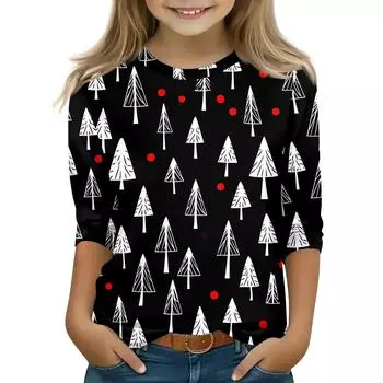 Детские топы с рукавом 3/4, повседневная футболка с рождественским принтом, пуловер с круглым вырезом 110
