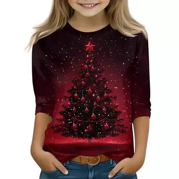 Детские топы с рукавом 3/4, повседневная футболка с рождественским принтом, пуловер с круглым вырезом 110