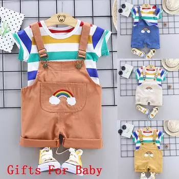 Детские топы в радужную полоску с бриллиантами для маленьких мальчиков, футболка, комплект коротких нарядов на бретельках 100 белый