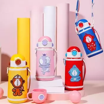 Детские трехцелевые термосы с двумя крышками 316 Чашки для пищевых продуктов для мальчиков и девочек начальной школы 501-600ml красный