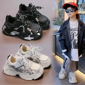 Детские трендовые удобные кроссовки для бега на мягкой подошве, студенческие модные повседневные дышащие спортивные кроссовки для мальчиков и девочек 26 чёрный