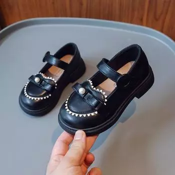 Детские туфли из кожи для девочек Love Pearl Bow 2024, новые универсальные туфли в стиле Лолиты, простые и элегантные, свадебные туфли принцессы, детские, шикарные, из искусственной кожи 23 чёрный