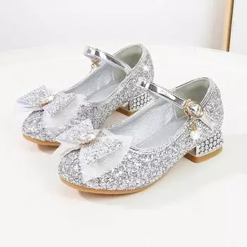 Детские туфли из кожи с блестками на высоком каблуке, модные туфли принцессы с бантом для девочек, блестящие детские универсальные свадебные туфли 23 синий