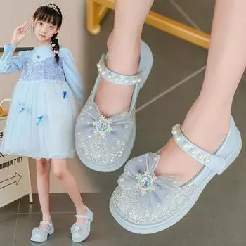 Детские туфли из натуральной кожи с кристаллами для маленьких девочек, праздничная обувь принцессы 35 синий