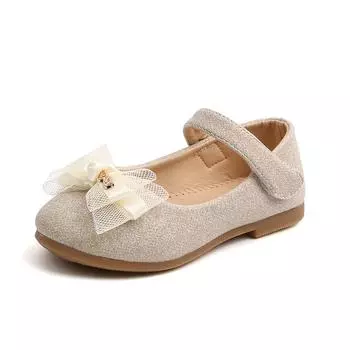 Детские туфли на плоской подошве для девочек, туфли для маленьких девочек, блестящая кожа с кружевом и бантом, свадебные туфли принцессы 21 золотой