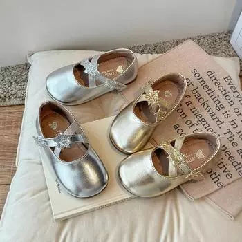 Детские туфли на плоской подошве, однотонные, универсальные, для девочек, танцевальная обувь, мягкая подошва, 2024, новые модные детские туфли принцессы со звездой 23 золотой