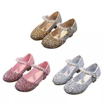 Детские туфли на высоком каблуке с блестками для девочек, элегантные туфли принцессы с жемчугом 25