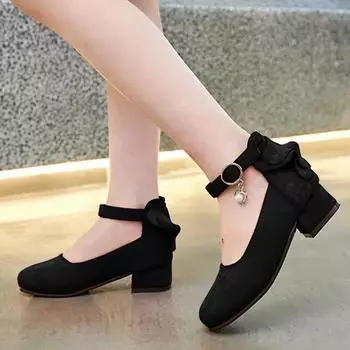 Детские туфли на высоком каблуке, сандалии принцессы для девочек, вечеринки, свадьбы, танца, детская мода, бархатные, черные, розовые, кожаные туфли, 3-15 лет 37 чёрный