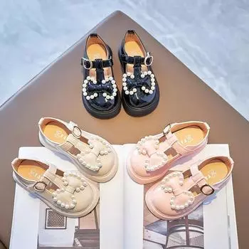 Детские туфли принцессы Butterfly Small Leather 2024 Новые осенние туфли для девочек Single Shoes Soft Sole Non-Slip Shoes Mary Jane 21(inner 13.5cm) чёрный
