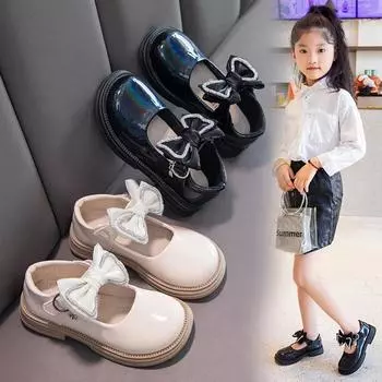 Детские туфли принцессы, глянцевые элегантные туфли для девочек с милым бантом, 2024, новые детские туфли на плоской подошве с круглым носком, темперамент 26 бежевый