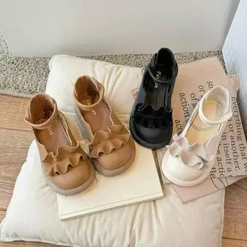 Детские туфли принцессы, однотонные универсальные туфли для девочек из кожи с закругленными краями, новинка 2024 года, детская обувь на плоской подошве с липучкой 26 чёрный