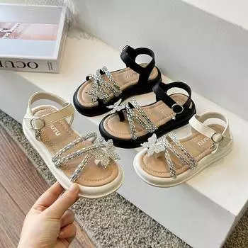 Детские туфли принцессы с бабочкой-узлом для маленьких девочек, сандалии со стразами, модные детские летние пляжные сандалии с мягкой подошвой 26 чёрный
