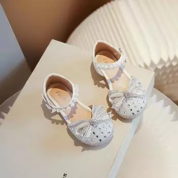 Детские туфли принцессы со стразами для вечеринки, свадьбы, лето 2024, новые милые туфли на плоской подошве с бантом для девочек, детские модные полусандалии с жемчугом 23 бежевый
