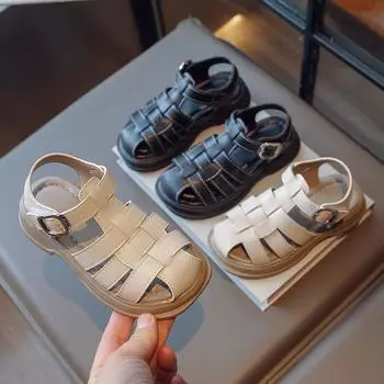 Детские туфли с плетеными носками, однотонные классические детские римские сандалии для мальчиков и девочек, повседневные полые туфли в британском стиле 26 чёрный