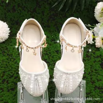 Детские туфли серебристо-белого цвета с кристаллами, туфли принцессы для девочек с платьем, летние туфли из мягкой кожи на низком каблуке и высоком каблуке 25 белый
