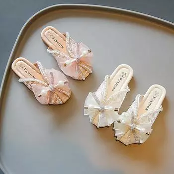 Детские удобные повседневные домашние тапочки в стиле принцессы для девочек, милые домашние уличные тапочки с жемчужной сеткой и бантом, нескользящие домашние тапочки с мягкой подошвой, сандалии 27