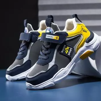Детские уличные водонепроницаемые кожаные кроссовки, легкая повседневная обувь, спортивная обувь для больших мальчиков и девочек 28 жёлтый/синий