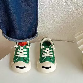 Детские уродливые милые парусиновые туфли на весну и осень для мальчиков и девочек, на липучках, корейские туфли с открытой улыбкой для малышей в детском саду, маленькие белые туфли 21 зелёный
